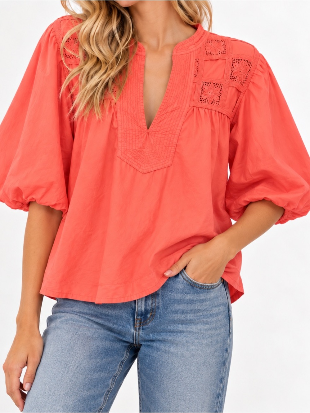 Anthropologie Coral Embroidered Eyelet Yoke Balloon Sleeve Blouse — L